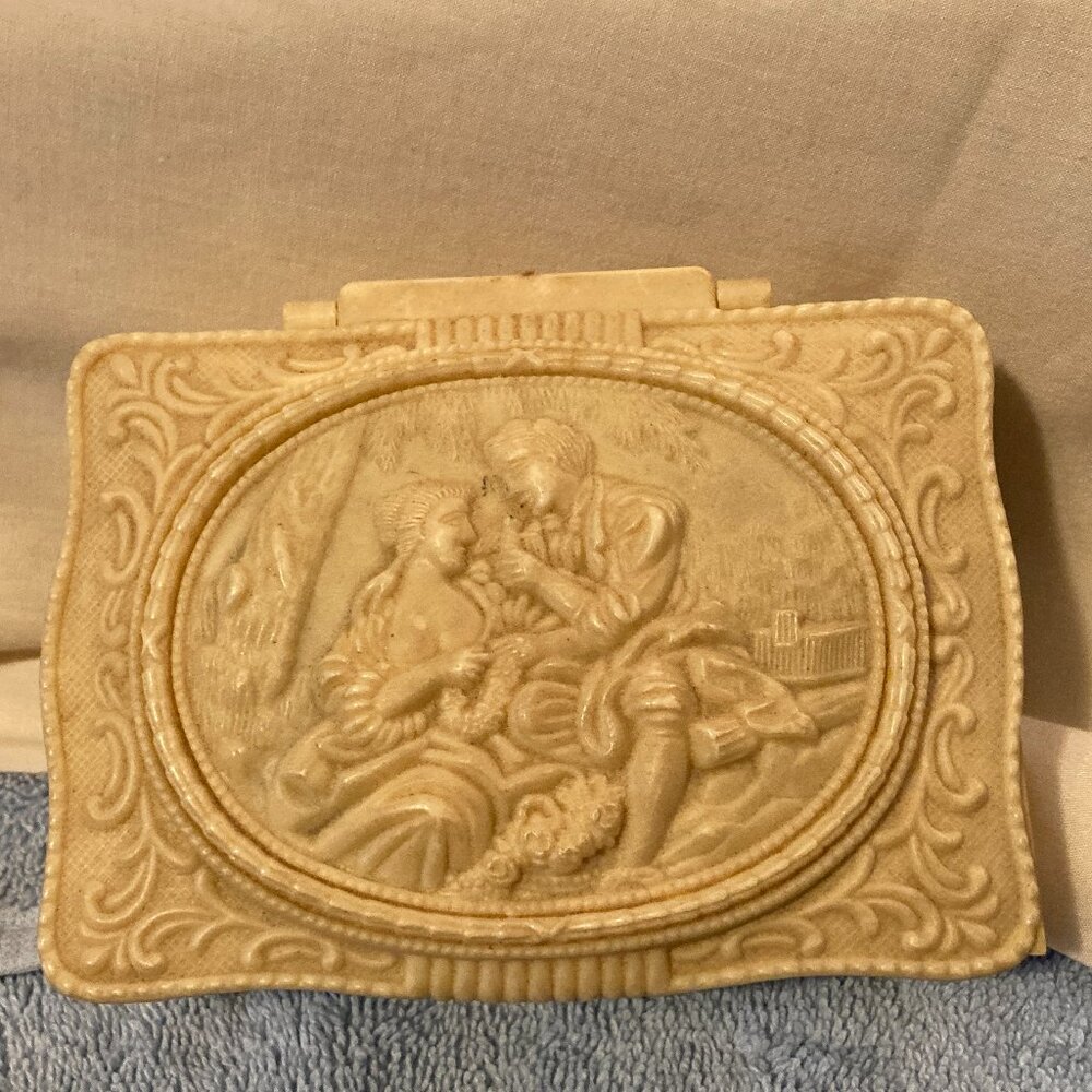 VTG Ornate Yellow Celluloid Footed Jewelry Trinket Box w/Mirror-Red Interior-EUC